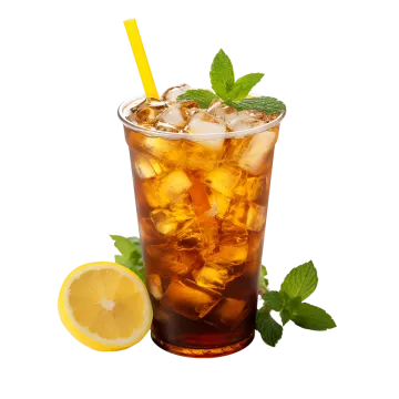 a glass of iced tea with ice and lemon