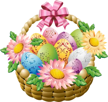 a basket filled with easter eggs and flowers