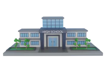 a school building with trees and bushes