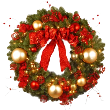 a christmas wreath with red and gold ornaments