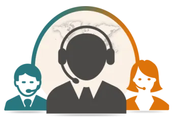two people with headsets and a world map in the background