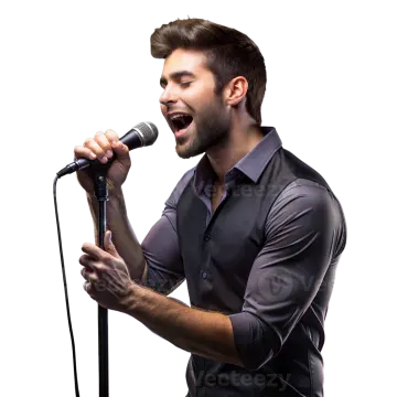 a man singing into a microphone on a white background