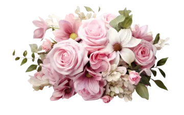 a bouquet of pink roses and white flowers