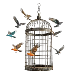 a bird in a cage with many birds flying around