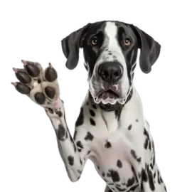 a black and white dog with its paw up
