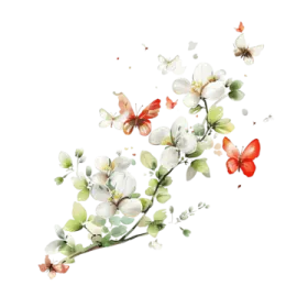 a branch with flowers and butterflies on it