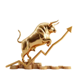 a gold bull jumping over stacks of coins