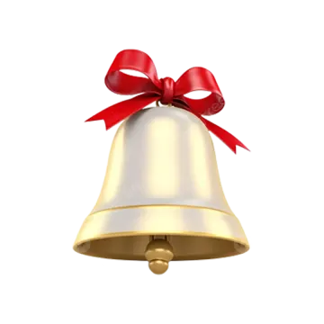 a golden bell with a red bow on top