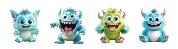 five cartoon monsters with their mouths open