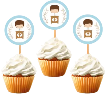 three cupcakes with a sticker on top of them