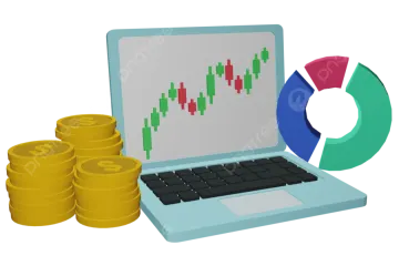 a laptop with stacks of coins next to it