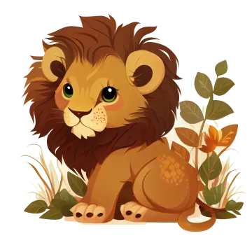 a cute lion sitting in the grass and looking at the camera