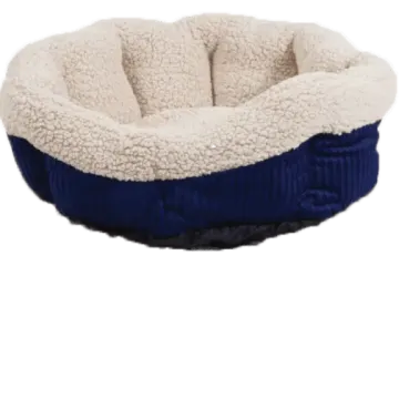 a blue and white dog bed on a white background