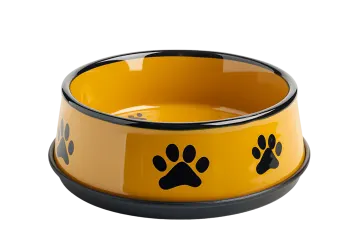 a yellow dog bowl with black paws on it