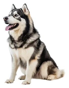 a black and white dog sitting down with its tongue out