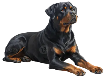 a black and brown dog laying down on the ground
