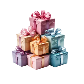 a pile of colorful gift boxes with ribbons