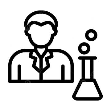 a black and white icon of a man in a lab