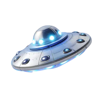 a silver spaceship with blue lights on it