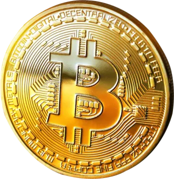 a golden bit coin on a white background