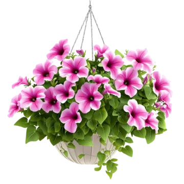 a hanging planter filled with pink flowers