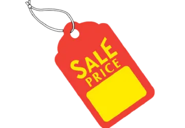 a red and yellow sale tag on a white background