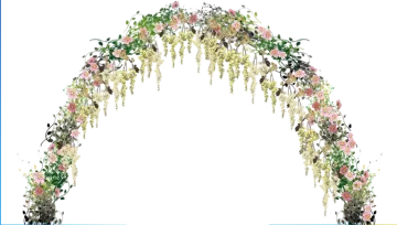 a floral arch with pink and green flowers