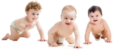 three babies in diapers on a white background