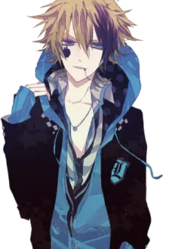 an anime character with blonde hair and blue eyes, wearing a black jacket
