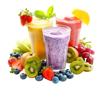 three glasses of fruit and a cup of smoothie