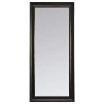 a black framed mirror on a white background