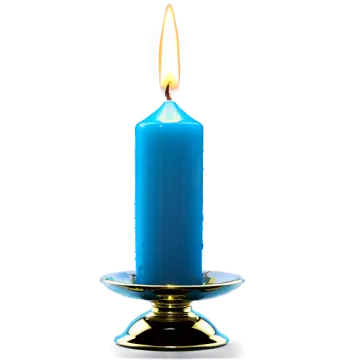 a blue candle sitting on top of a metal stand