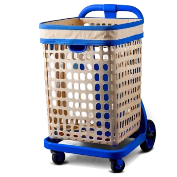 a shopping basket on wheels with blue handles