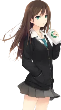 an anime girl with long brown hair and green eyes