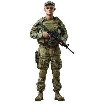 a man in camouflage clothing holding a rifle