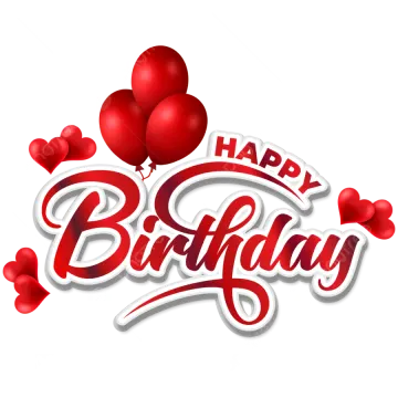 happy birthday text with red balloons and hearts