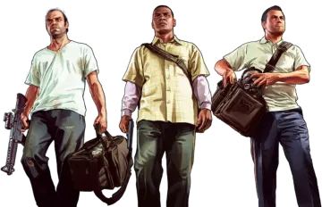three men with guns and a bag