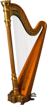 a gold colored harp