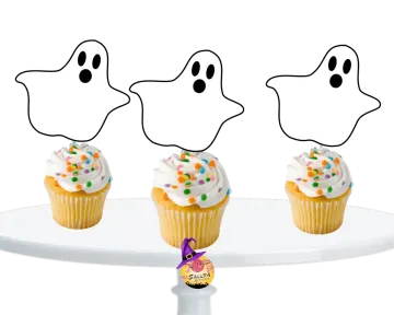 three cupcakes with ghost faces on them