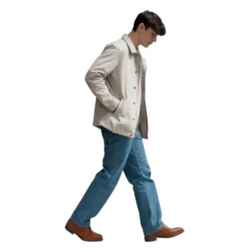 a man walking on a white background