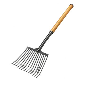 a black rake with wooden handle