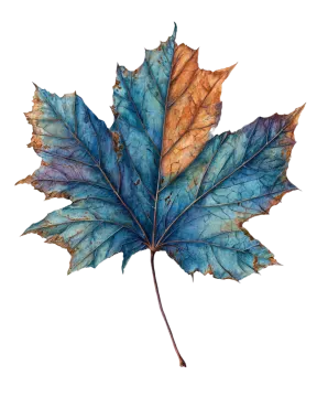 a blue and brown leaf on a white background