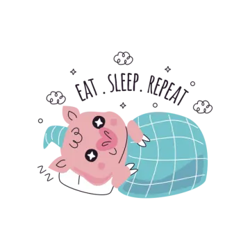 a pig sleeping in bed with the words eat sleep repeat