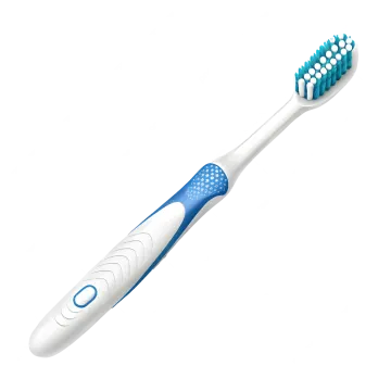 a blue and white toothbrush on a white background