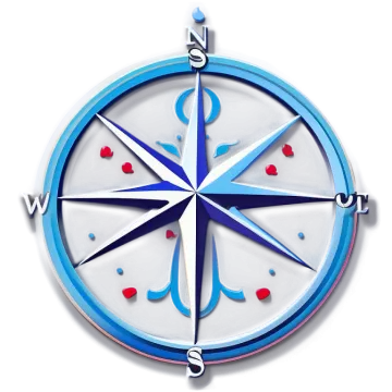 a blue and white compass on a white background