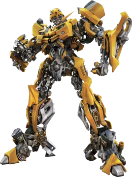 a yellow and black robot standing on a white background