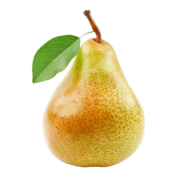 a pear with a leaf on top of it