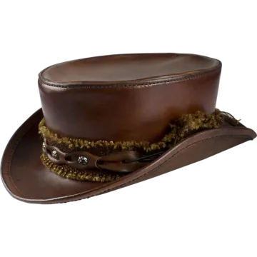 a brown leather hat with fur trim
