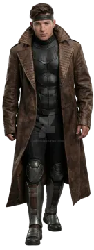 a man in a brown coat and black pants