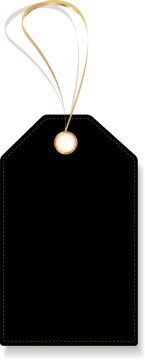 a black price tag with a gold ribbon